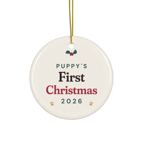 "Puppy's First Christmas" 2026 Ceramic Dog Ornament – front