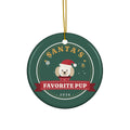 "Santa's Favorite Pup" Badge Ceramic Dog Ornament – front, Santa-hat pup on a pine badge
