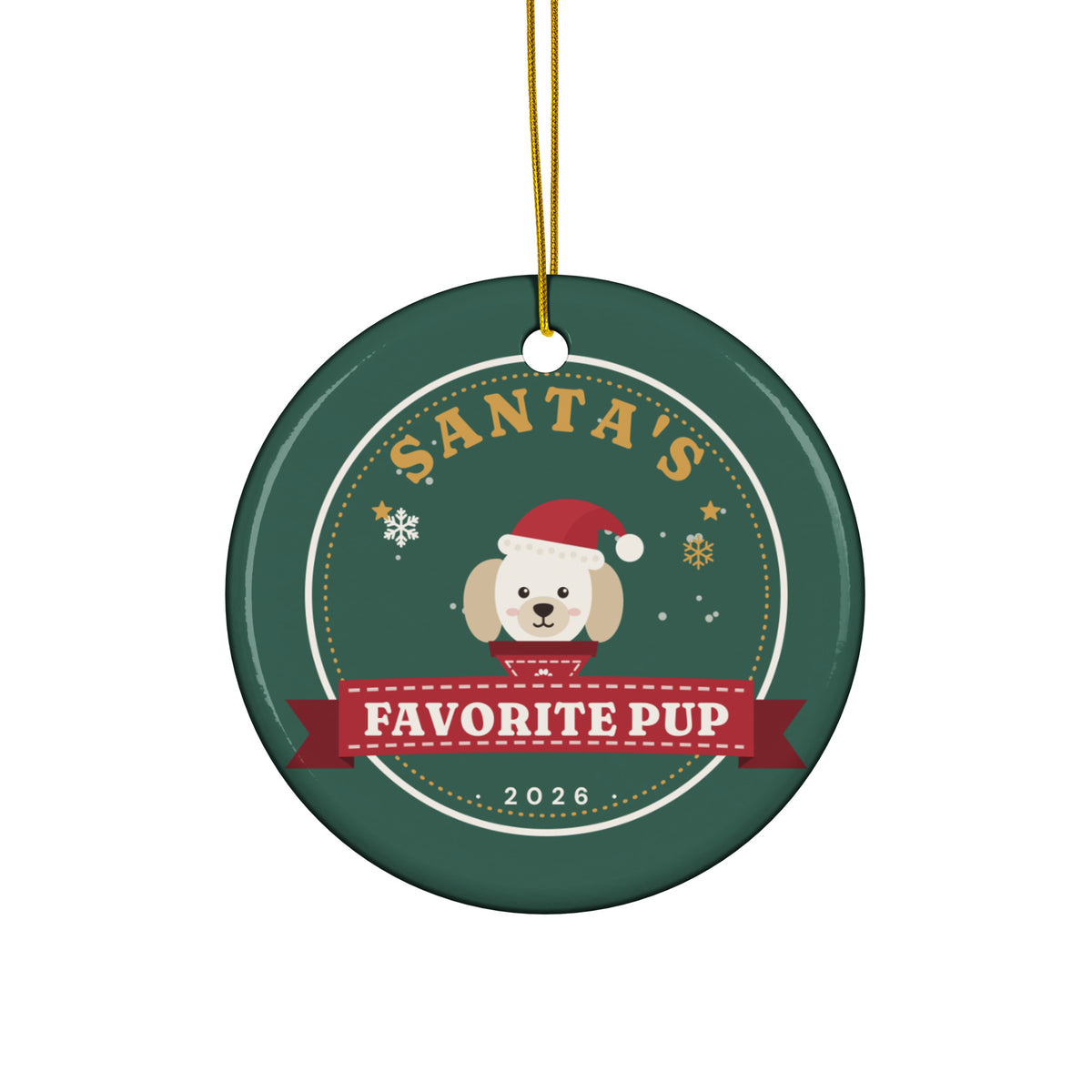"Santa's Favorite Pup" Badge Ceramic Dog Ornament – front, Santa-hat pup on a pine badge