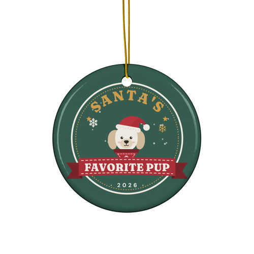 "Santa's Favorite Pup" Badge Ceramic Dog Ornament – front, Santa-hat pup on a pine badge