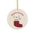 "Santa's Favorite Pup" Stocking Ceramic Dog Ornament – front, pup peeking out of a buffalo-plaid stocking