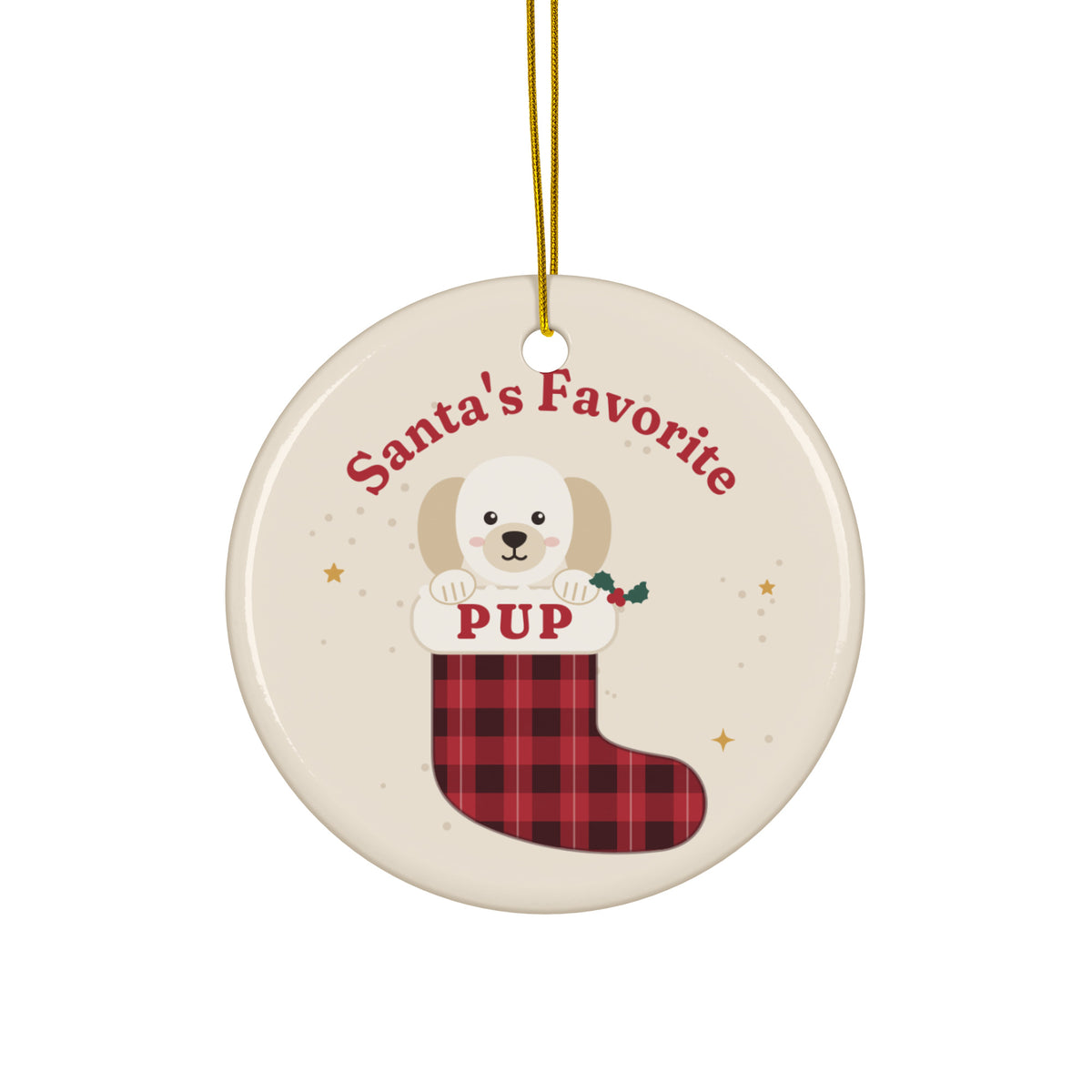 "Santa's Favorite Pup" Stocking Ceramic Dog Ornament – front, pup peeking out of a buffalo-plaid stocking