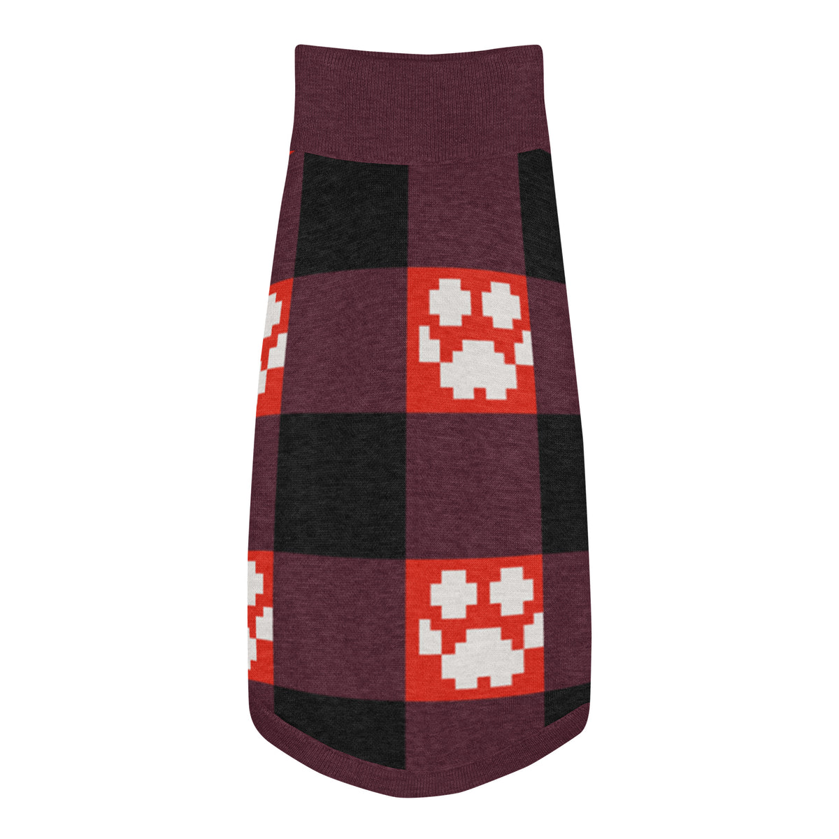 Red Buffalo Plaid Paws Knitted Dog Sweater – size M, top view