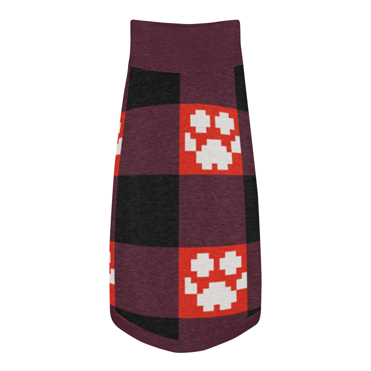 Red Buffalo Plaid Paws Knitted Dog Sweater – size S, top view