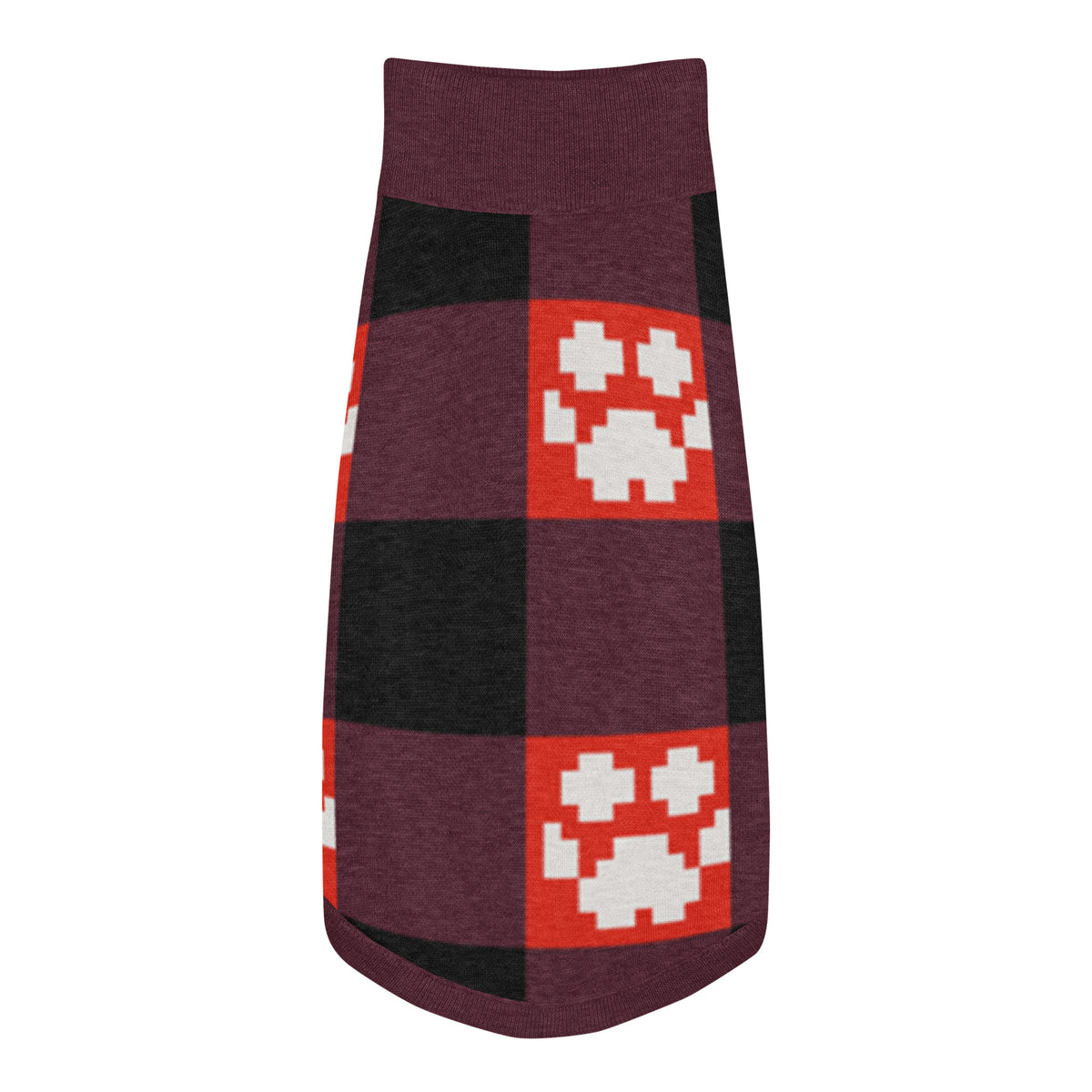 Red Buffalo Plaid Paws Knitted Dog Sweater – size XS, top view
