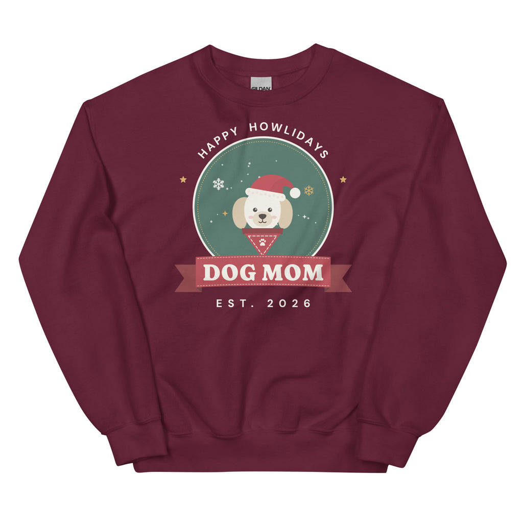 Dog Mom Holiday Crewneck Sweatshirt – maroon, front with Santa pup badge