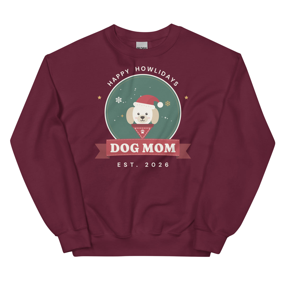 Dog Mom Holiday Crewneck Sweatshirt – maroon, front with Santa pup badge
